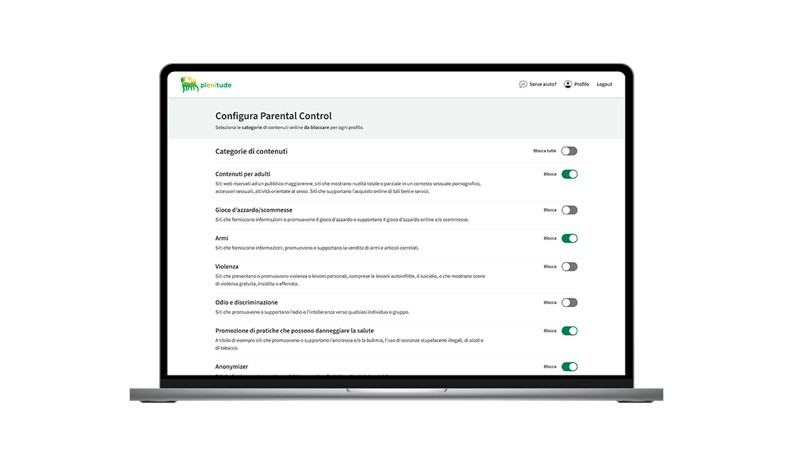 Immagine della pagina della configurazione del parental control.